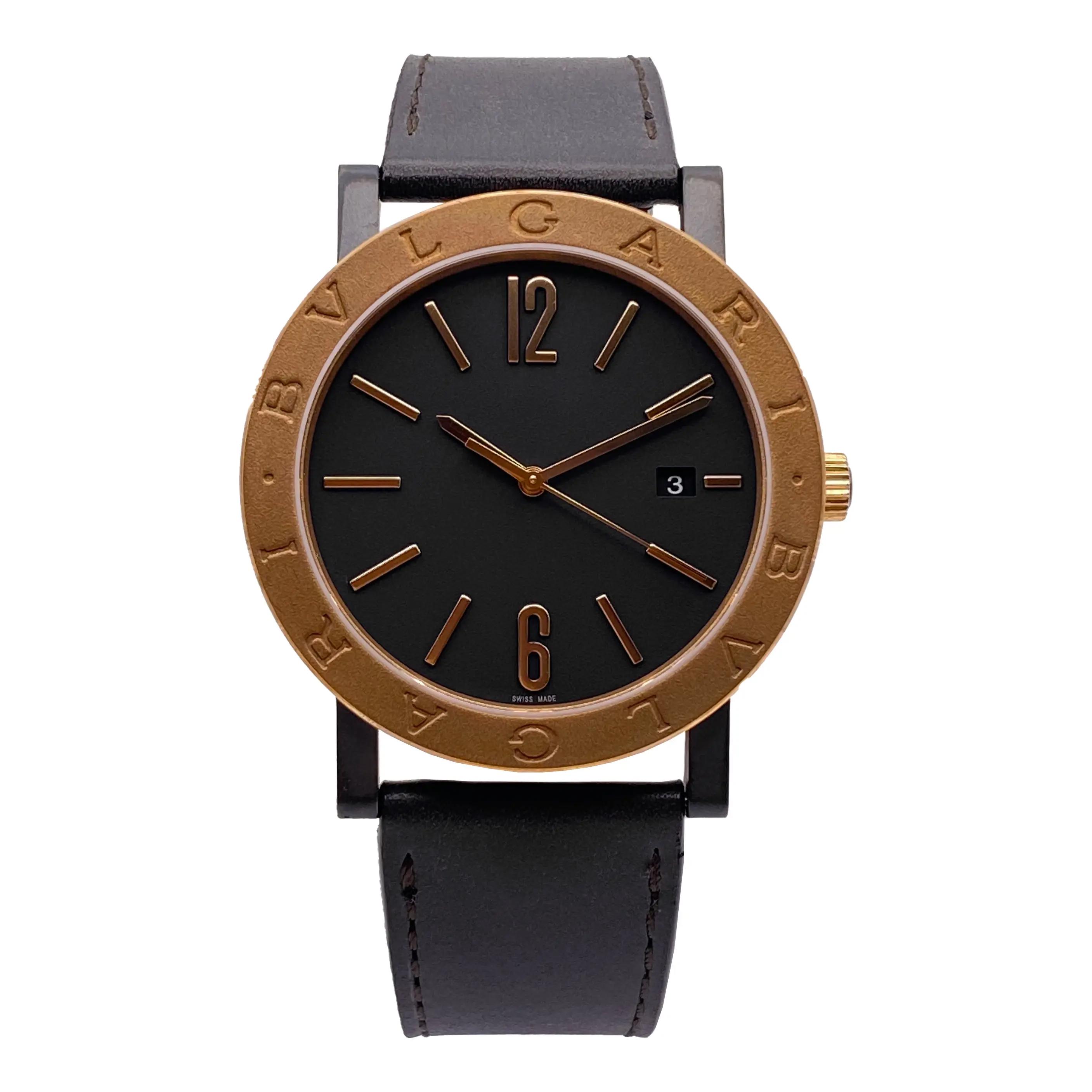レディース　BULGARI Solotempo ブラックレザー腕時計 Bvlgari Solotempo 41mm Steel Bronze Bezel Black Dial Automatic Men