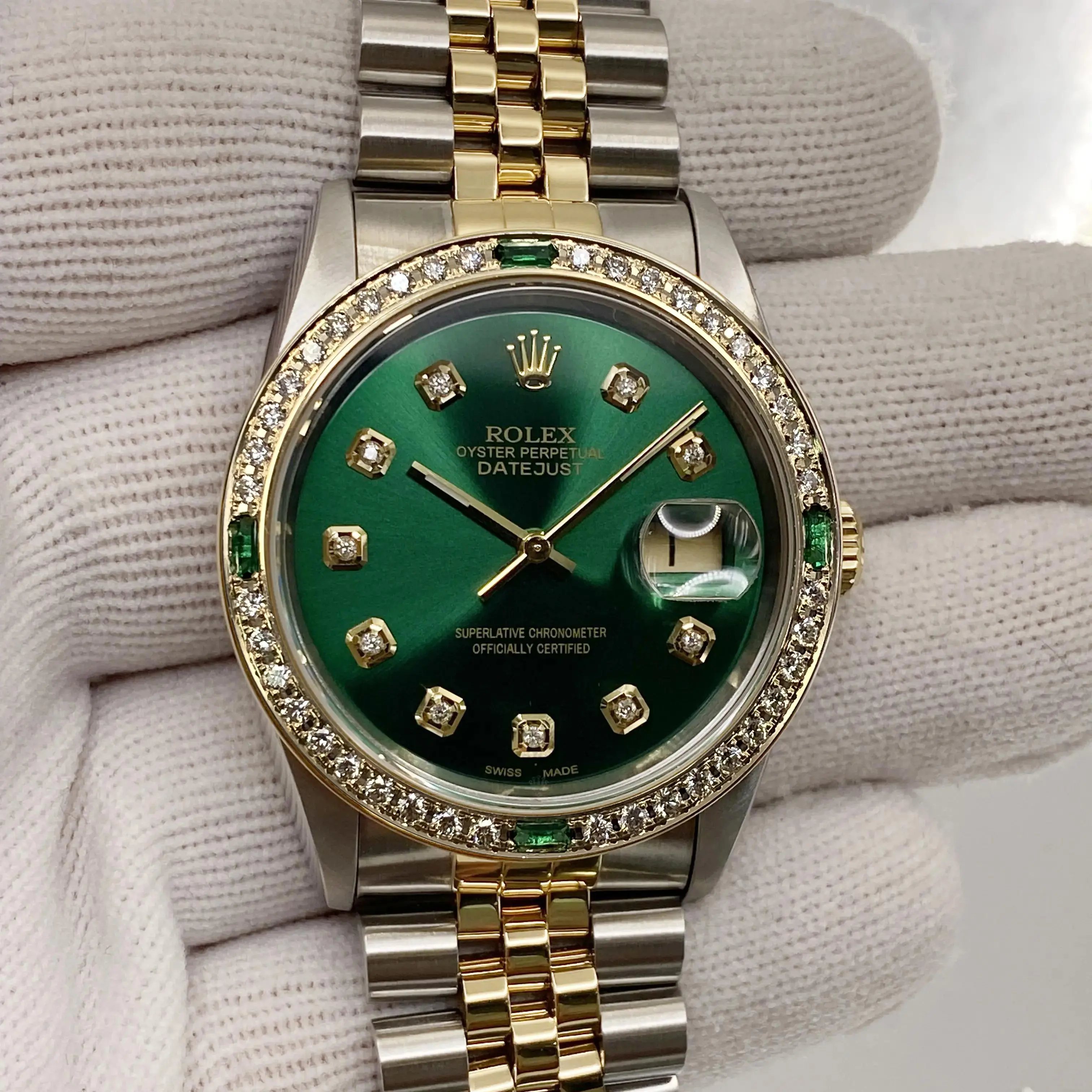 Rolex Datejust 36mm 18K Gold Steel Custom Bezel Green Diamond Dial